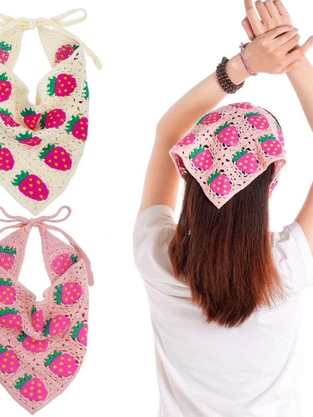 2Pcs Crochet Bandanas Headbands Hairbands Knitted Strawberry Hair Accessories fo